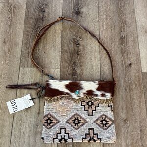 NWT Myra Bag Leather Cowhide Brown and Cream Patterned Crossbody Bag